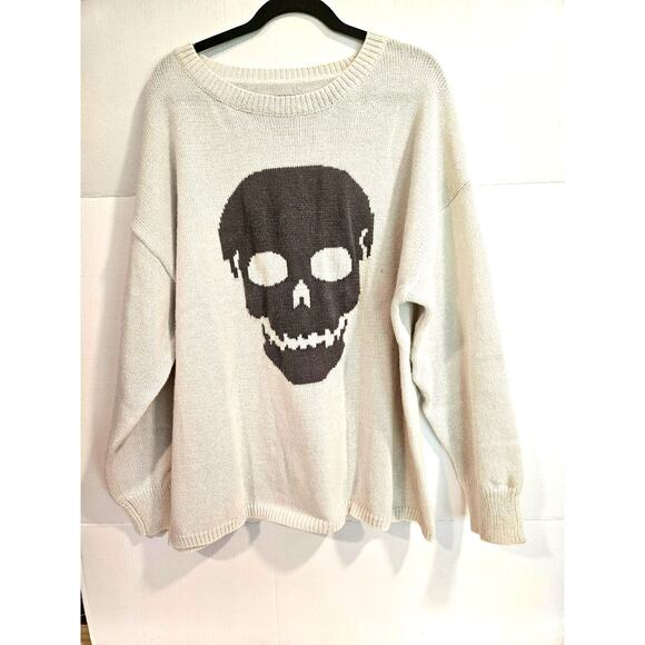 SHEIN Sweaters - SHEIN Skull Graphic Oversized Drop Shoulder Knit Sweater - Cream / Gray